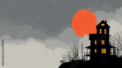 Haunted house silhouette illustration with orange moon and spooky sky for halloween night scene art