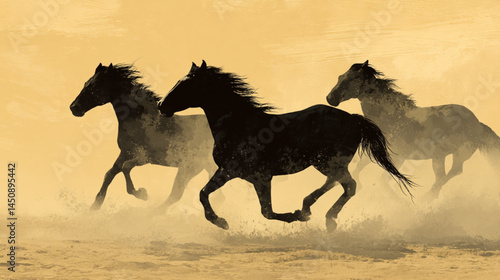 Horses running silhouette, wild mustang equine herd gallop desert sand scenic freedom power.