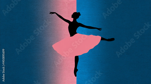 Ballerina silhouette art print: graceful dancer in pink tutu against blue and pink background