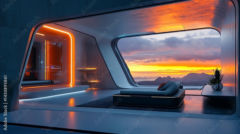 Fototapeta premium Futuristic interior design with panoramic sunset view.