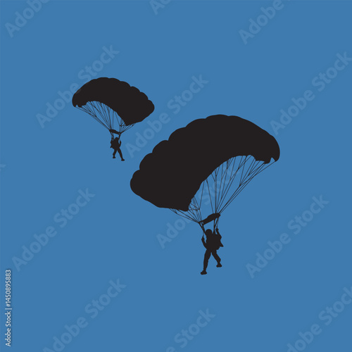 Parachuting silhouette skydivers in flight.