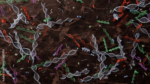 Fragments of DNA in soil underground. DNA, EDNA pieces in earth and mud. 3d render illustration.