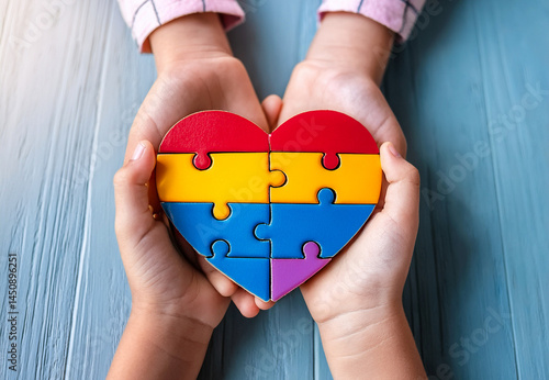 Wallpaper Mural child hands holding puzzle heart, child mental health concept world autism awareness day, teenage autism spectrum disorder awareness concept Torontodigital.ca