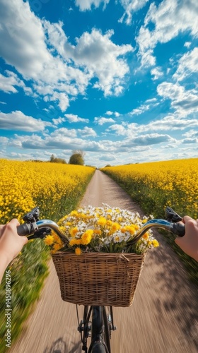 Cycling through a field of yellow flowers on a sunny day