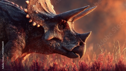 Horned dinosaur in sunset-tone lighting