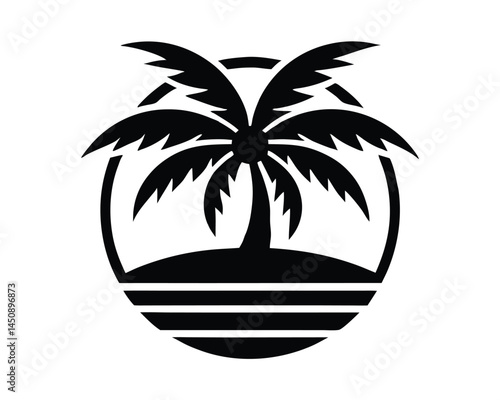 Tropical Emblem of Paradise: An iconic emblem featuring a stylized palm tree silhouetted against a serene backdrop of the sea and sky, radiating tranquility and the essence of an exotic destination.