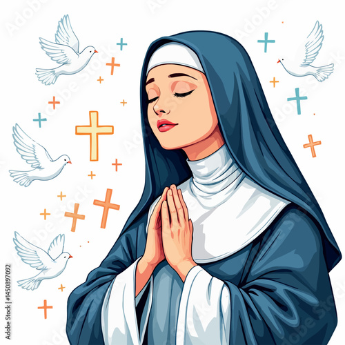 Vsai young nun praying with doves and crosses, a symbol of faith and peace