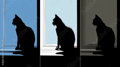 Black cat silhouette sitting on window sill looking out cat art illustration pet animal home decor
