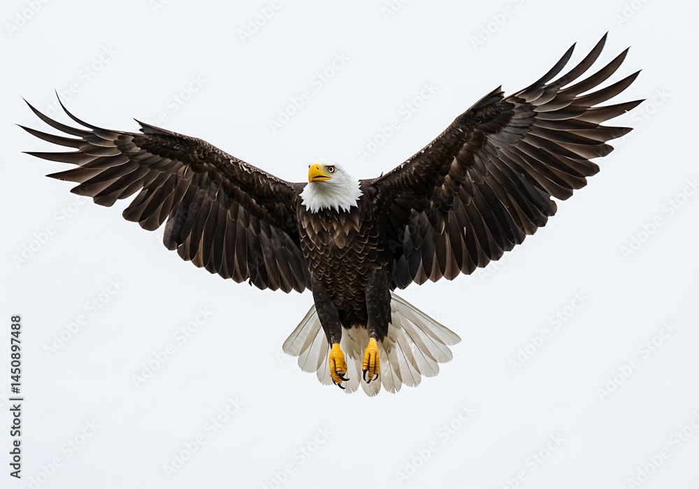Fototapeta premium A bald eagle soars through the sky with its wings fully extended against a white background above