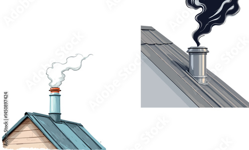 Vsai chimneys emitting white and black smoke depicting air pollution and clean energy