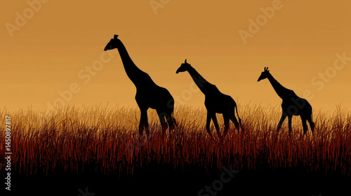Giraffes silhouette at sunset in africa wildlife safari background wallpaper illustration image
