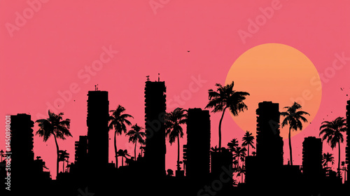 Cityscape silhouette with palm trees and sunset, vector illustration miami beach skyline art design.