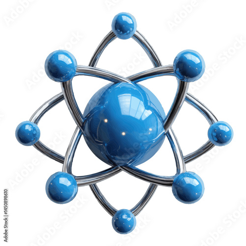Volumetric illustration of a blue atom symbol showcasing a spherical nucleus with orbiting electrons