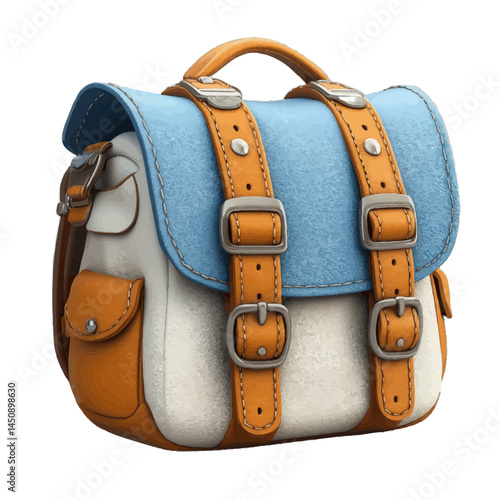 Backpack volumetric icon with distinct blue and tan colors showcasing detailed design features and sturdy straps