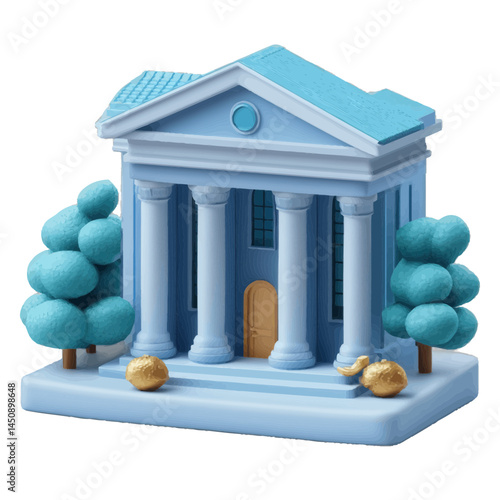 Volumetric illustration of a bank building with trees and decorative elements in a vibrant blue and gold color scheme