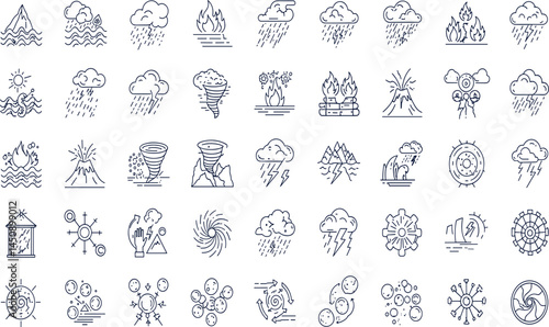 Natural disaster line icon set. Vector pictograms of extreme weather, environmental catastrophes, earthquake, wildfire, tsunami, hurricane, tornado, volcanic eruption