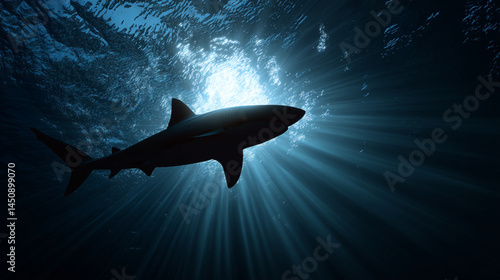 Underwater shark silhouette swimming in ocean with sun rays marine life wildlife photography