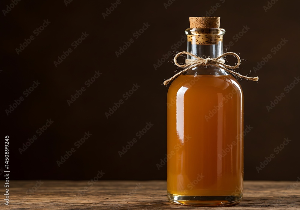 A bottle of amber liquid with cork and twine on a wooden surface against a dark brown background wall A bottle of amber liquid with cork and twine on a wooden surface against a dark brown background wall