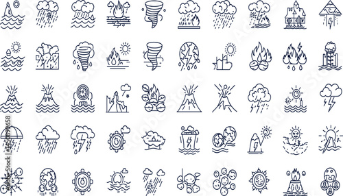 Natural disaster line icon set. Vector pictograms of extreme weather, environmental catastrophes, earthquake, wildfire, tsunami, hurricane, tornado, volcanic eruption