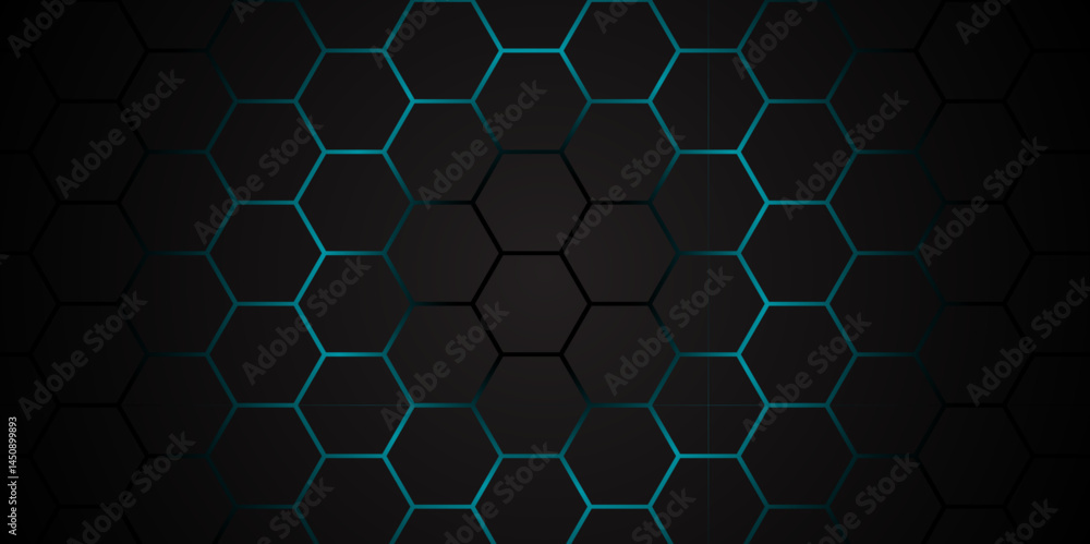 Abstract Dark hexagon pattern background with blue glowing lines and futuristic tech design. Hexagon futuristic technology background. Abstract Dark hexagon pattern background with blue glowing lines and futuristic tech design. Hexagon futuristic technology background.