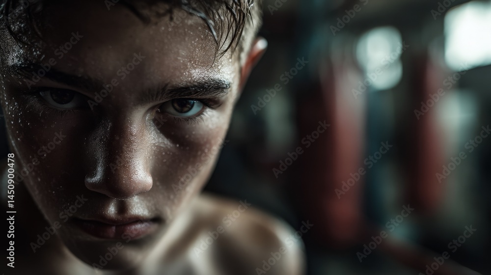 Young boxer preparing for fight gym realistic photograph intense environment close-up nervous emotion Young boxer preparing for fight gym realistic photograph intense environment close-up nervous emotion