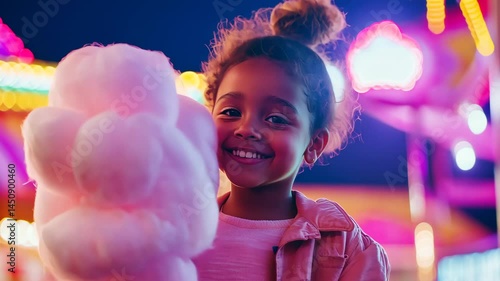 Joyful child enjoying cotton candy at carnival under vibrant lights during evening festivities