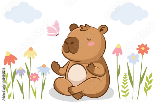 Cute capybara yoga in a field with flowers and butterflies