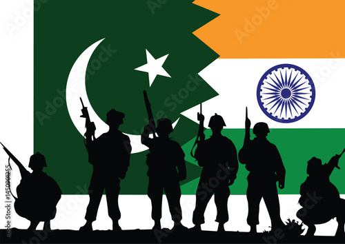 army soldier black silhouette on pakistan and india Flag, war concept