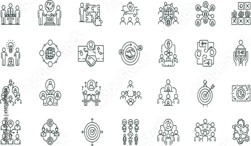 Diversity and inclusion line icon set. Vector pictograms of unity, equality, multicultural collaboration, raised fists, interconnected hands, peace