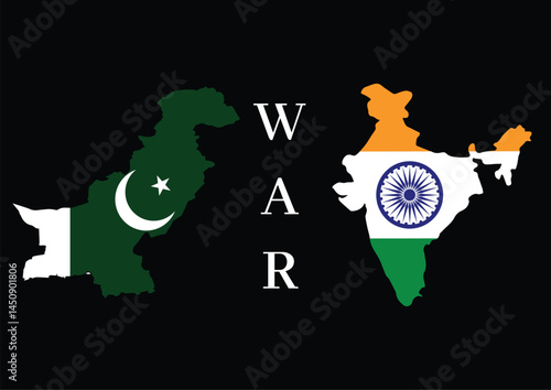 Pakistan VS India War on a black background  with the Pakistan and India flags and maps