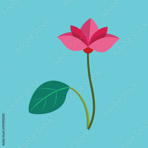 Stylized Pink Lotus Flower with Green Leaf on Light Blue Background