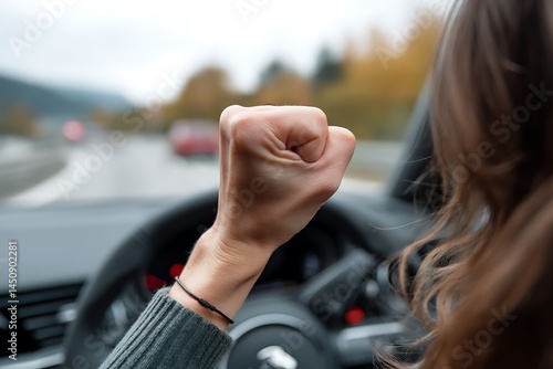 An angry female driver shaking her fist at another car while driving, showing the intensity of road rage.