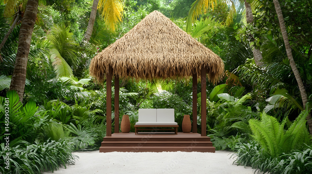 Tropical Gazebo With Wooden Seating In Lush Garden Tropical Gazebo With Wooden Seating In Lush Garden