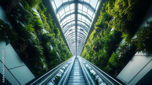 Interior escalator pathway with lush greenery walls.