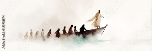 painting depicting Jesus calming the storm at sea. The image shows Jesus standing in a boat with his disciples during a storm. Jesus is performing the miracle of calming the sea.