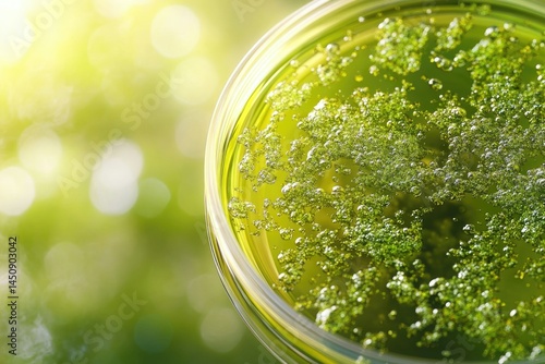 A petri dish showcasing a vibrant green microbial culture, possibly algae or bacteria, thriving in a laboratory setting.