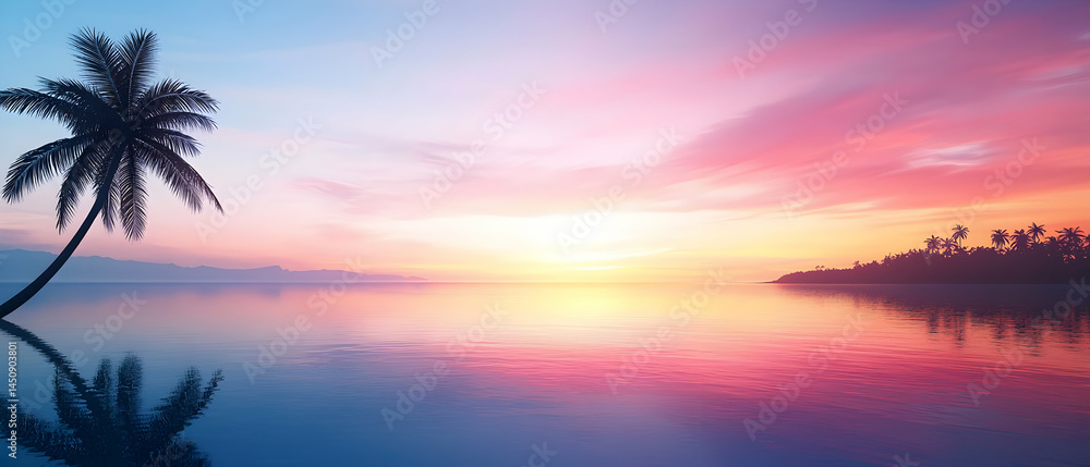 Colorful Sunset Over Calm Ocean with Palm Tree Colorful Sunset Over Calm Ocean with Palm Tree