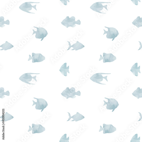 Seamless Pattern with fish silhouettes in soft watercolor shades. Drawing of school for marine design, wrapping paper or textile design. Ornament with nautical animals for wallpaper or fabric.