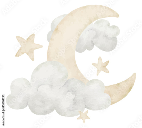 Watercolor illustration of a Crescent moon surrounded by soft Clouds and glowing Stars for nursery celestial designs. Drawing of sky elements in pastel beige colors for bedtime posters or kids cards.
