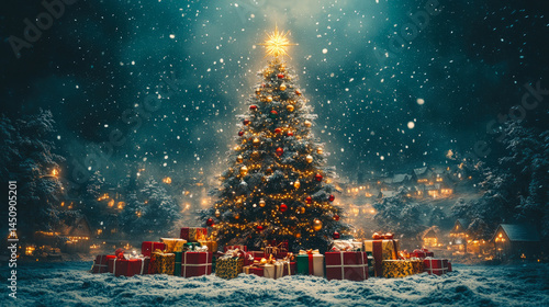 Majestic Christmas tree surrounded by wrapped gifts in a snowy village night, radiating holiday warmth, festive joy, and winter magic.
