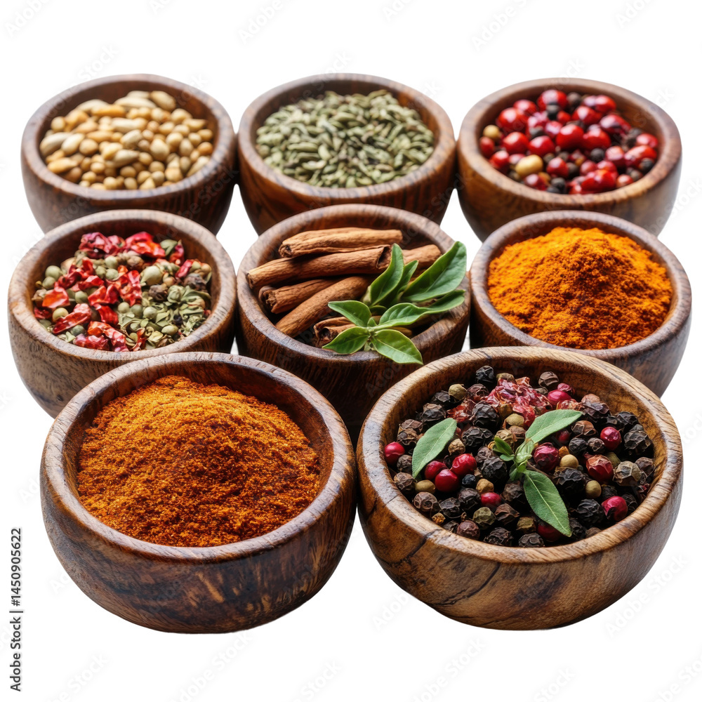 Exploring spice varieties kitchen food photography indoor close-up. Isolated on transparent background, png. Exploring spice varieties kitchen food photography indoor close-up. Isolated on transparent background, png.