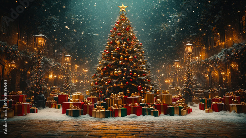 Majestic Christmas tree surrounded by piles of wrapped gifts in a snowy, glowing town square, symbolizing festive joy and holiday celebration.
