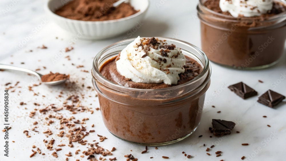 Rich Chocolate Mousse Topped with Whipped Cream in Small Glass Jar
Rich Chocolate Mousse Topped with Whipped Cream in Small Glass Jar