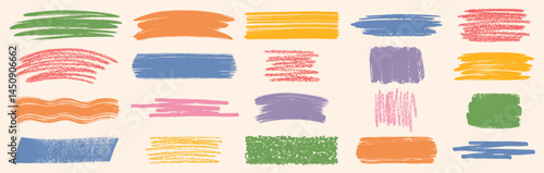 Hand drawn vector colorful dry brush pastel chalk charcoal crayon marker paintbrush strokes set. Stains, wide stripes, waves, scribbles, hatching textured rough backgrounds text boxes collection. 