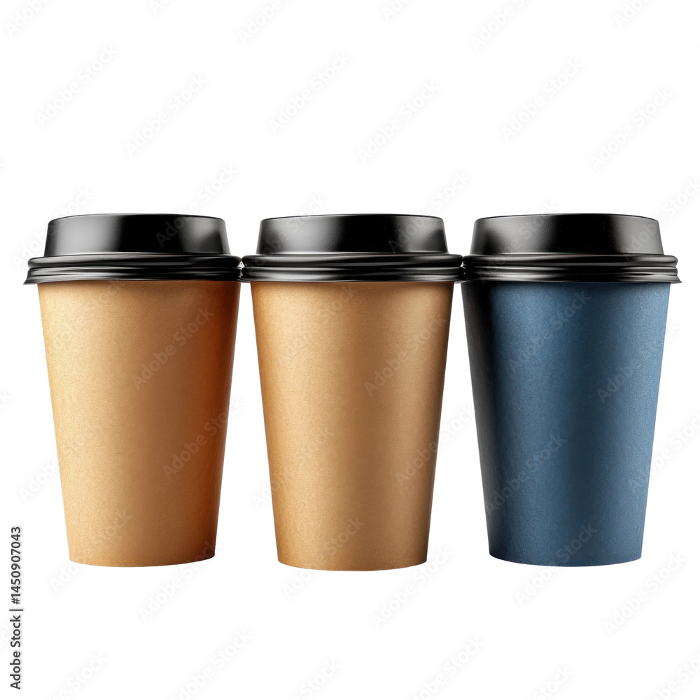 Coffee cups on table bright environment vibrant display scene. Isolated on transparent background, png.