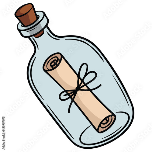Folded scroll message in bottle isolated vector illustration on white background