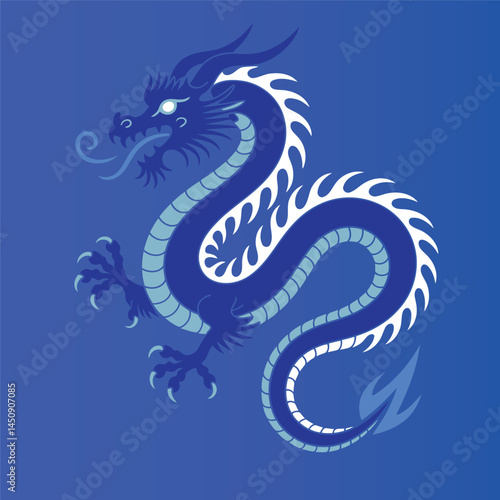 Wallpaper Mural  illustration of a dragon in shades of blue and white. The dragon features a sinuous body with a segmented design Torontodigital.ca