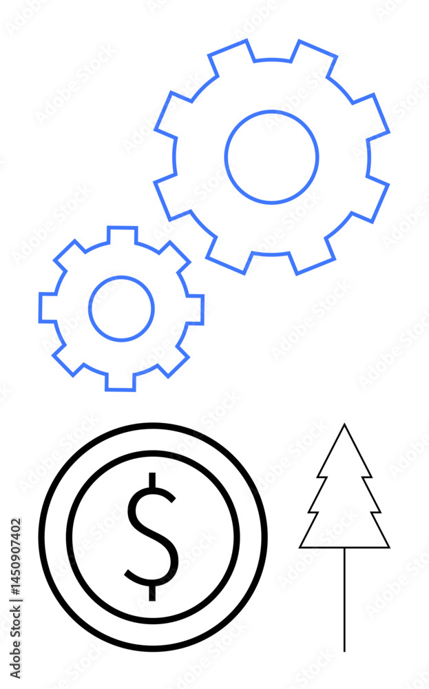 Blue gears, black dollar sign inside a circle, and tree outline emphasize innovation, economy, nature, growth, balance, sustainability and collaboration. Ideal for business growth visual Blue gears, black dollar sign inside a circle, and tree outline emphasize innovation, economy, nature, growth, balance, sustainability and collaboration. Ideal for business growth visual