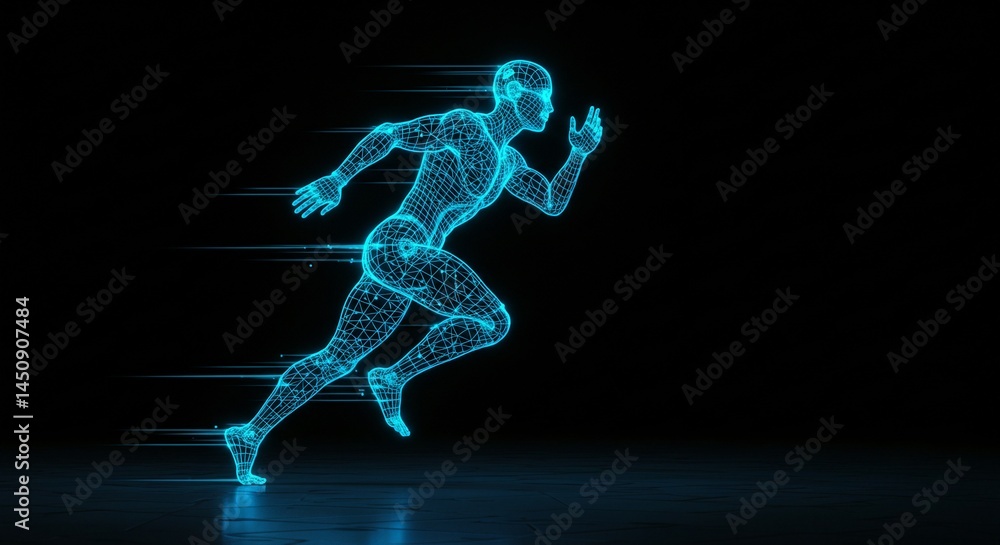 Fototapeta premium A blue wireframe human figure in mid-run, emphasizing speed and technology integration.
