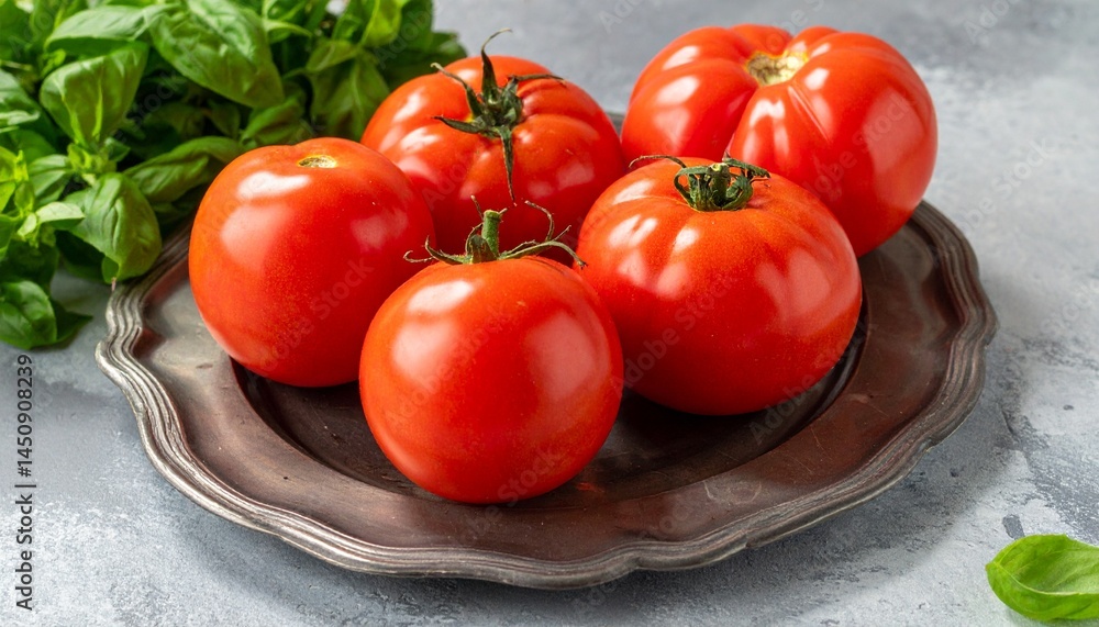 Close-up of fresh, ripe tomatoes and herbs in natural light Close-up of fresh, ripe tomatoes and herbs in natural light